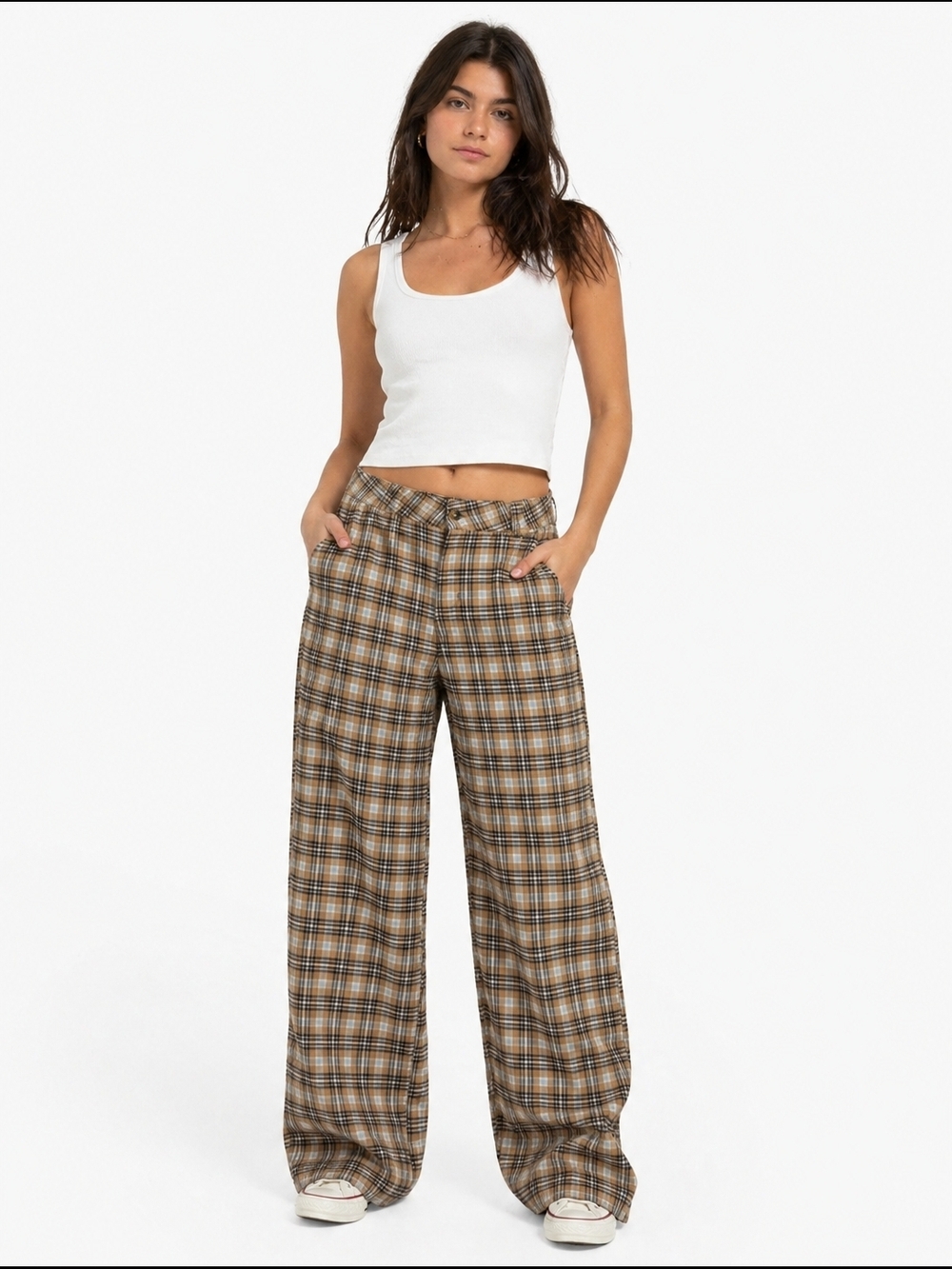 Hollister Women’s Plaid Pants High Rise Baggy Wide Leg Brown Check Trousers 7R